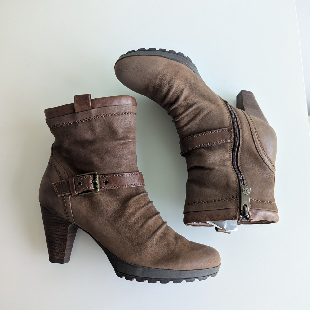 Slouchy Brown Heeled Ankle Boots with Buckle Detail